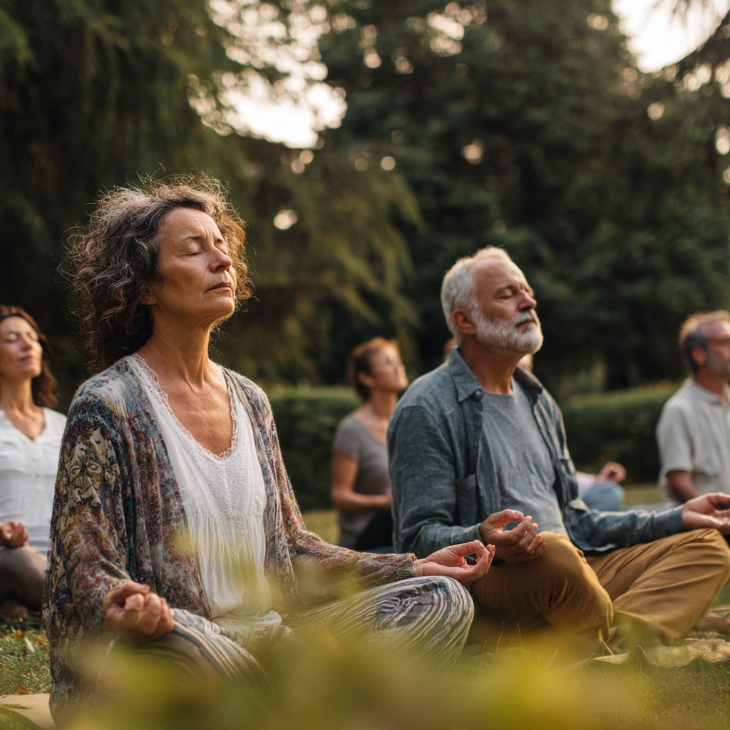 Romanian yoga instructor demonstrating proper posture alignment techniques to a diverse group of smiling adults in a modern wellness studio